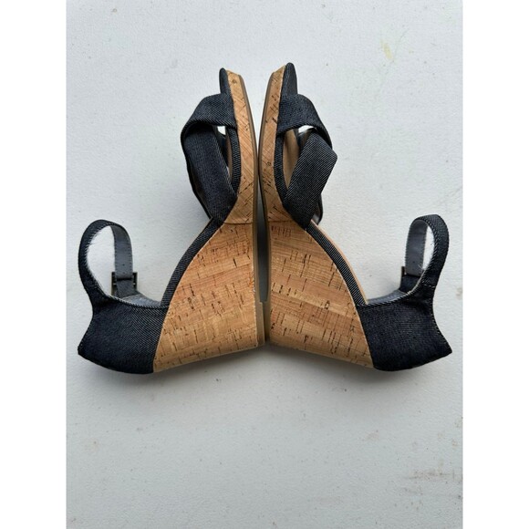 TOMS Women's Black Denim Sienna Cork Wedges Open Toe Criss Cross Sandals 8.5 - Picture 3 of 7